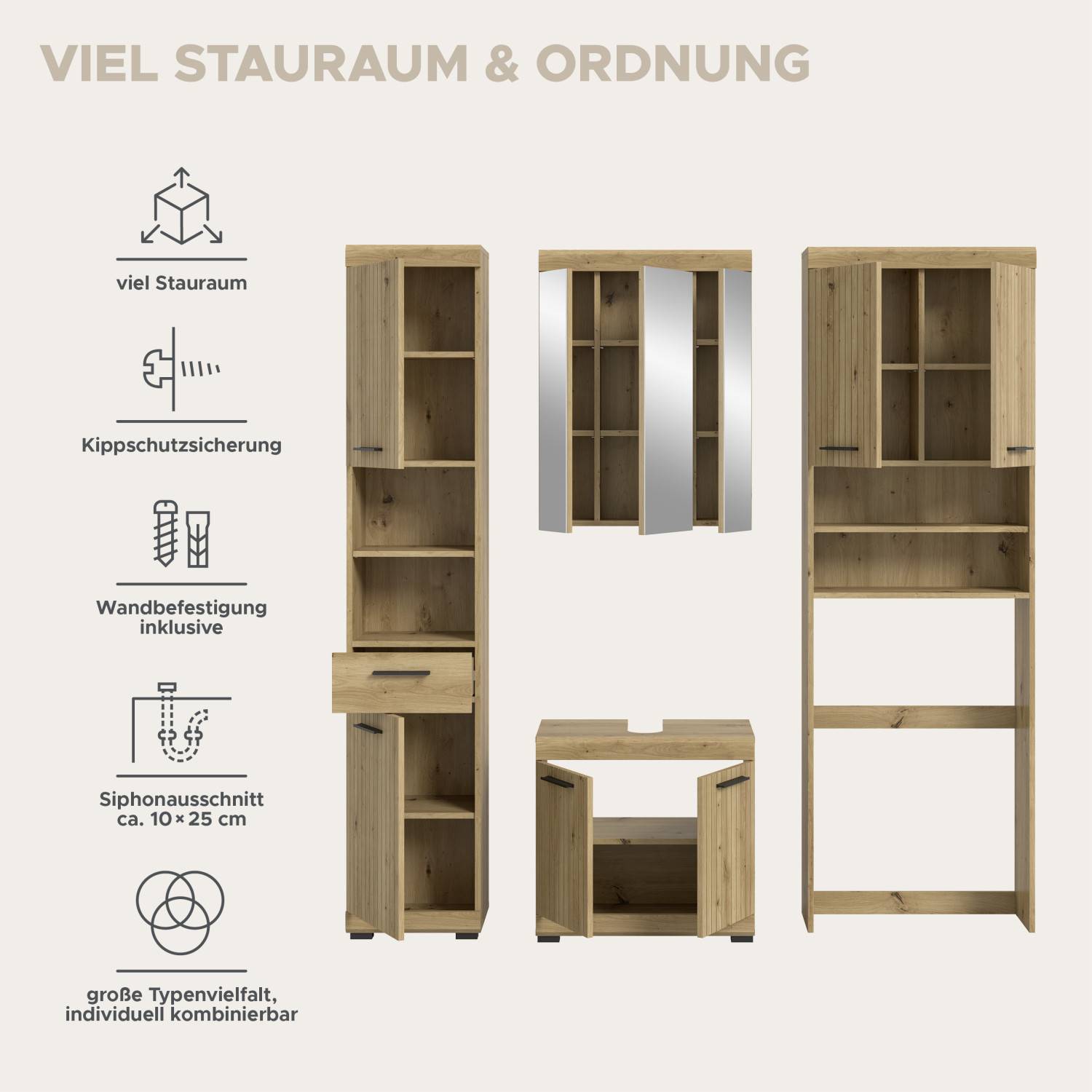 Grafik Badmöbelkomplettset vierteilig mit Stauraum, Kippschutz, Wandbefestigung und Siphonausschnitt – Lasewood