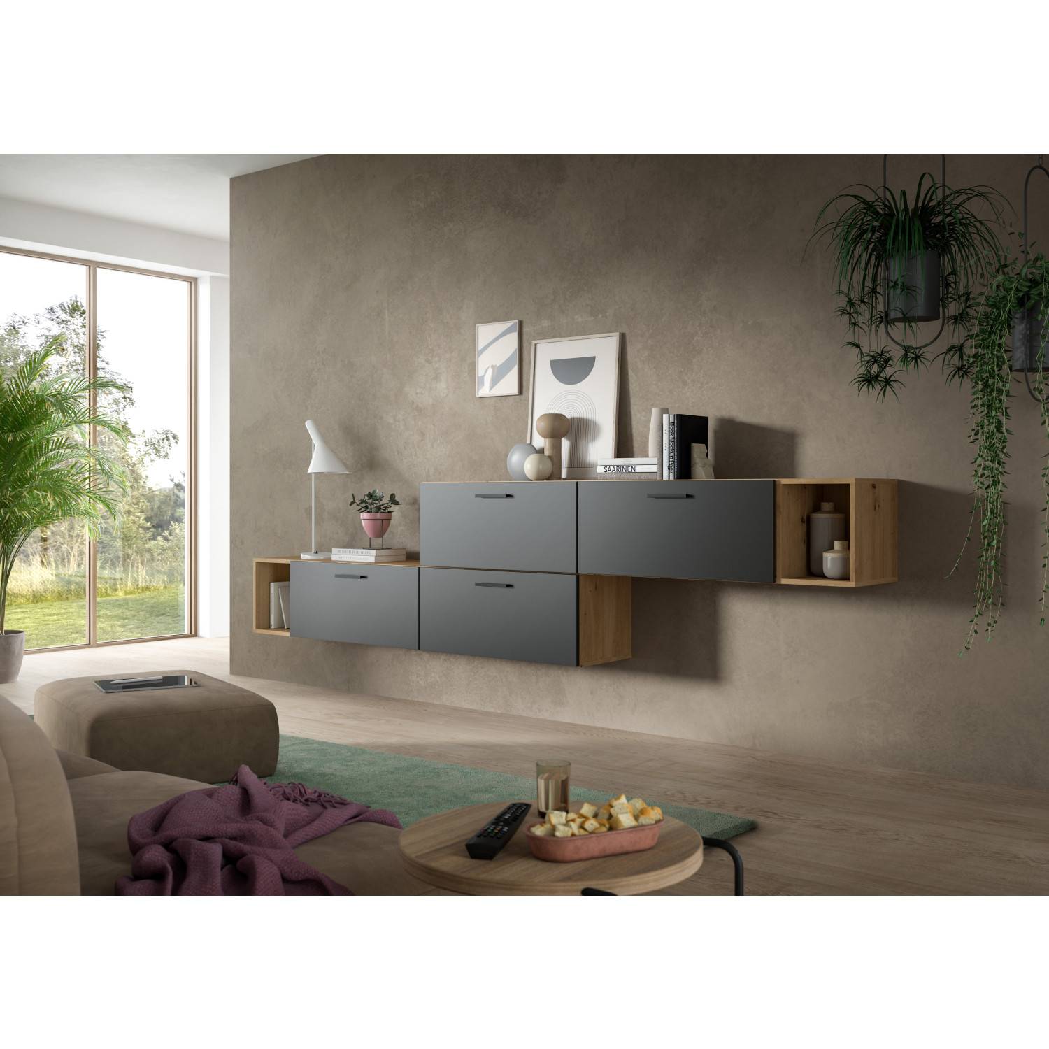 Moderne modulare Fernsehwand in Stufenoptik mit dunklen Fronten und Holzkorpus im Wohnzimmer – Estoron