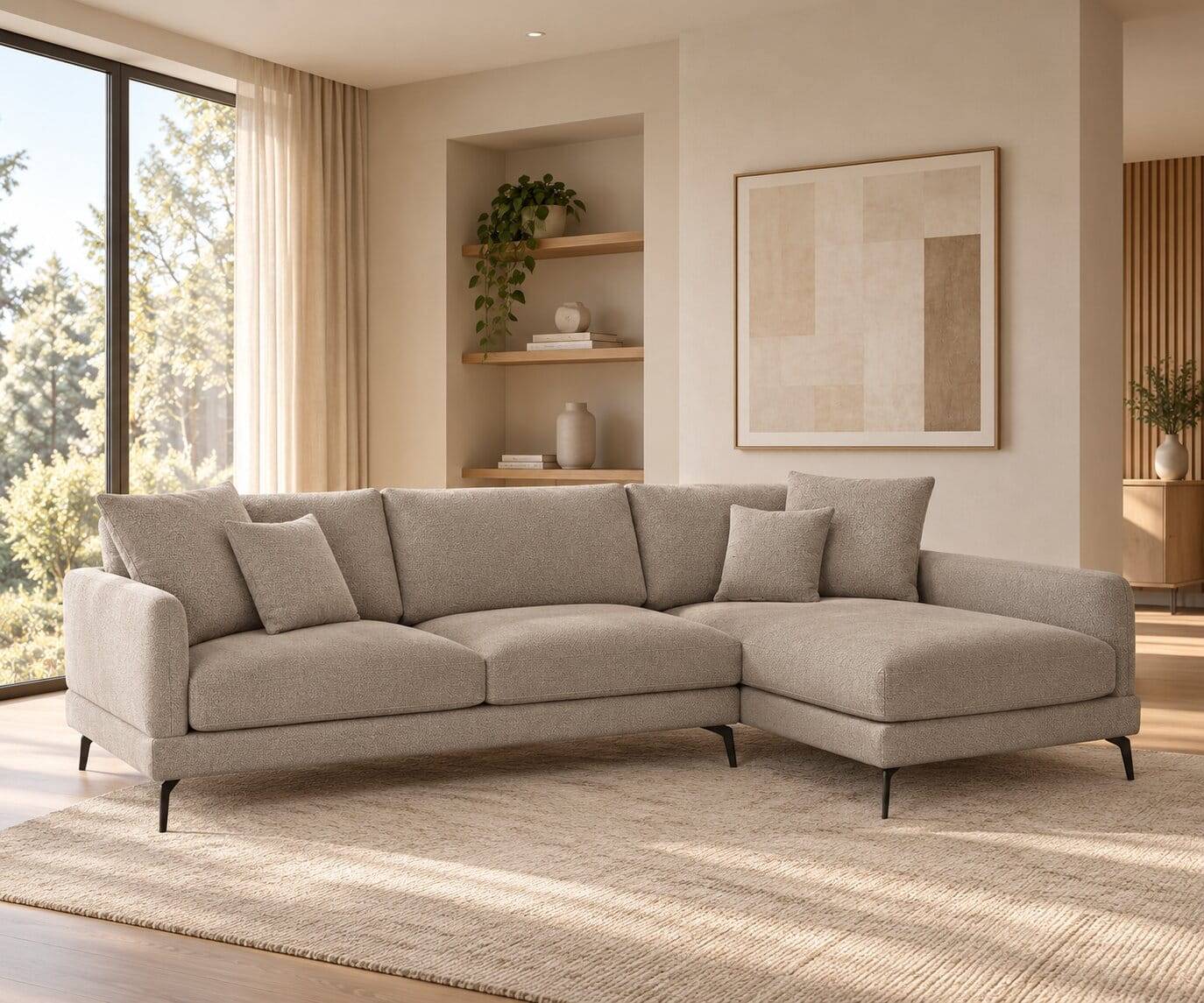 Taschenfederkern Eckcouch in Beige mit drei Sitzplätzen