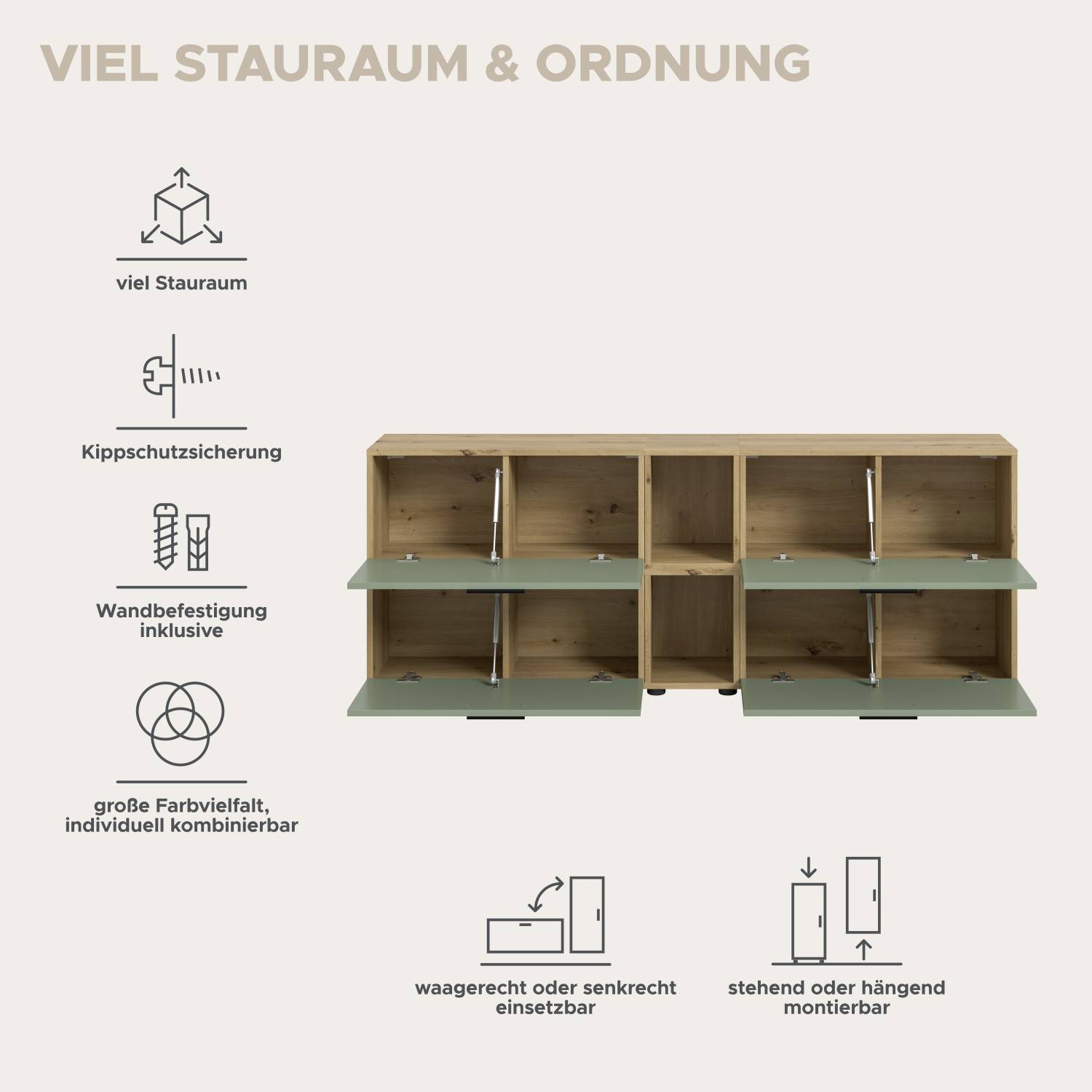 Modulare Wohnwand mit viel Stauraum, flexibler Montage und Kombinationsmöglichkeiten – Jonni