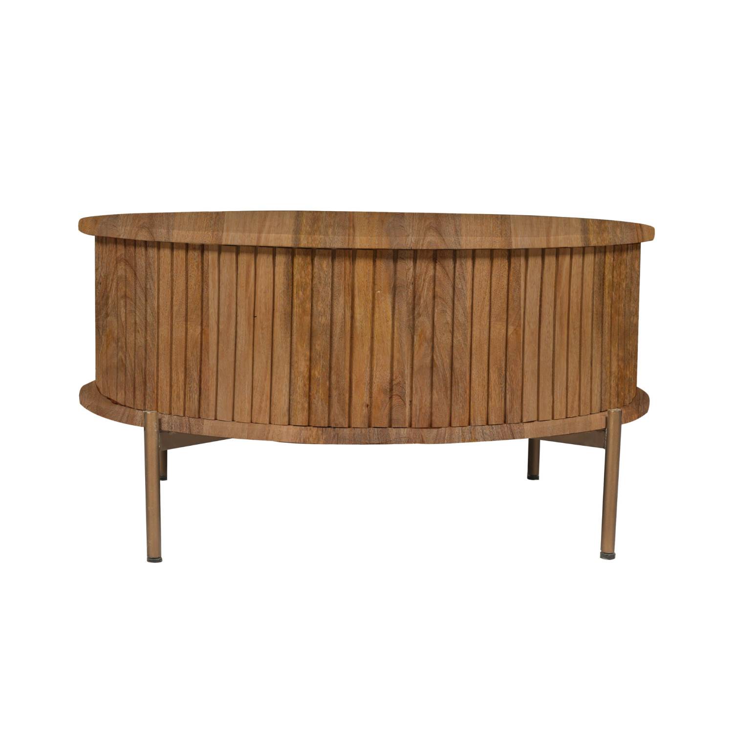 Freigestellter runder Sofatisch aus Holz mit Lamellenfront und Metallgestell – Kojas