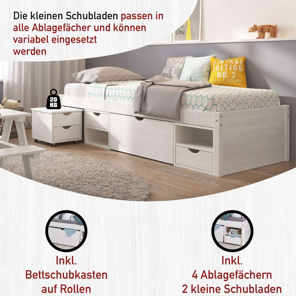 Massivholzbett Pradisio mit Stauraum