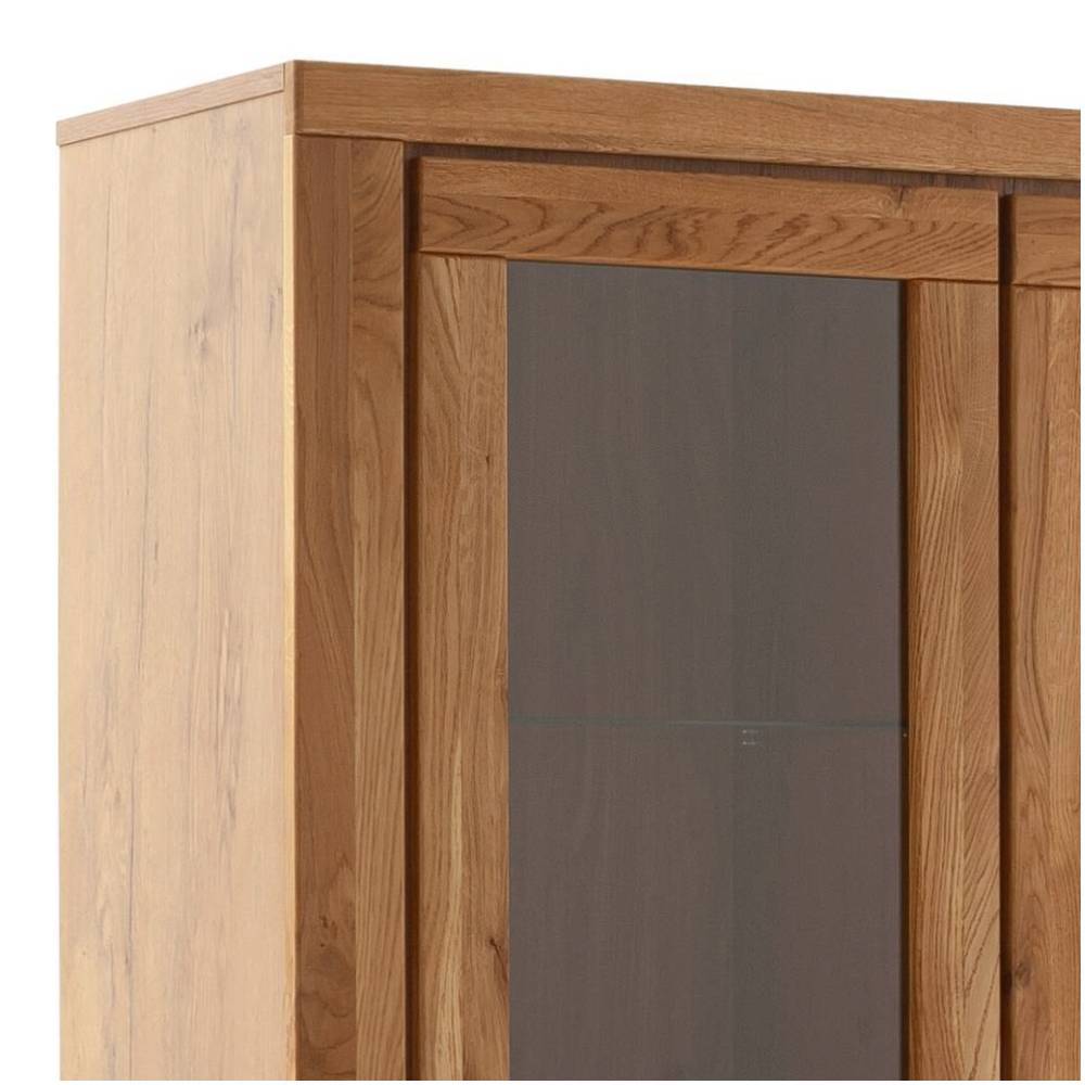Oben rechts Eckdetails der Wildeiche Vitrine mit natürlicher Holzmaserung und Glastür – Scarlett