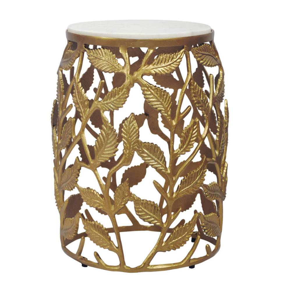 Eleganter Beistelltisch mit goldenem Blattmotiv und runder Marmorplatte – Diaria