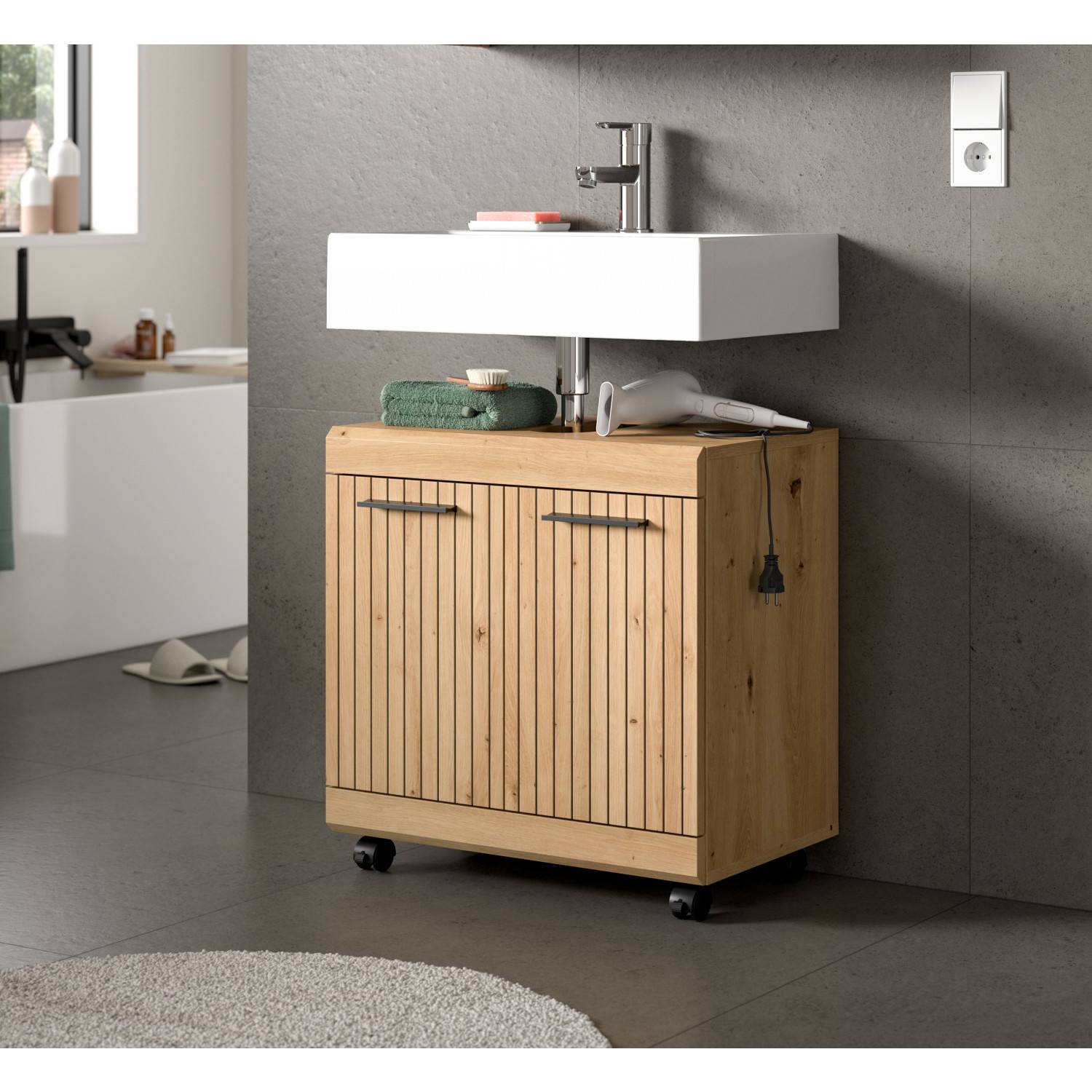 Waschtischunterschrank mit Rillenfront und praktischer Ablagefl che f r das Bad Lasewood