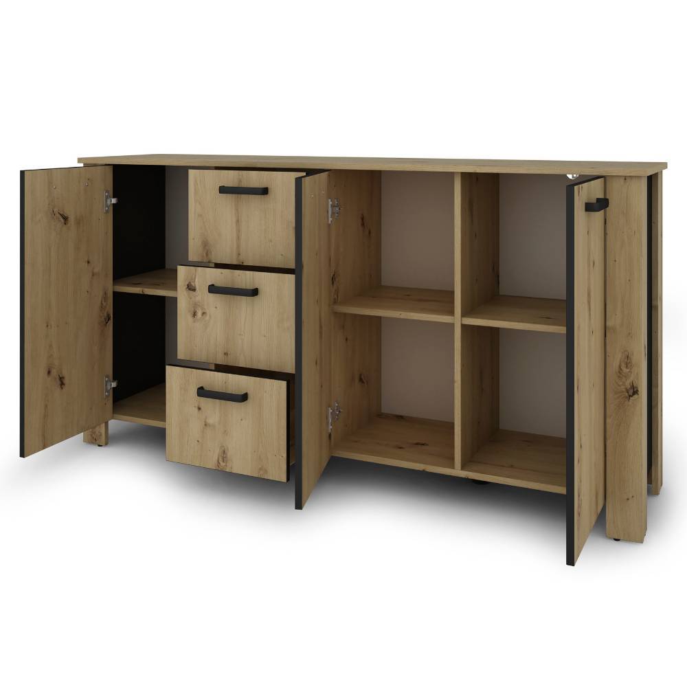 Offenes Sideboard Wildeichefarben mit schwarzen Griffen, Innenfächern und Schubladen – Monte