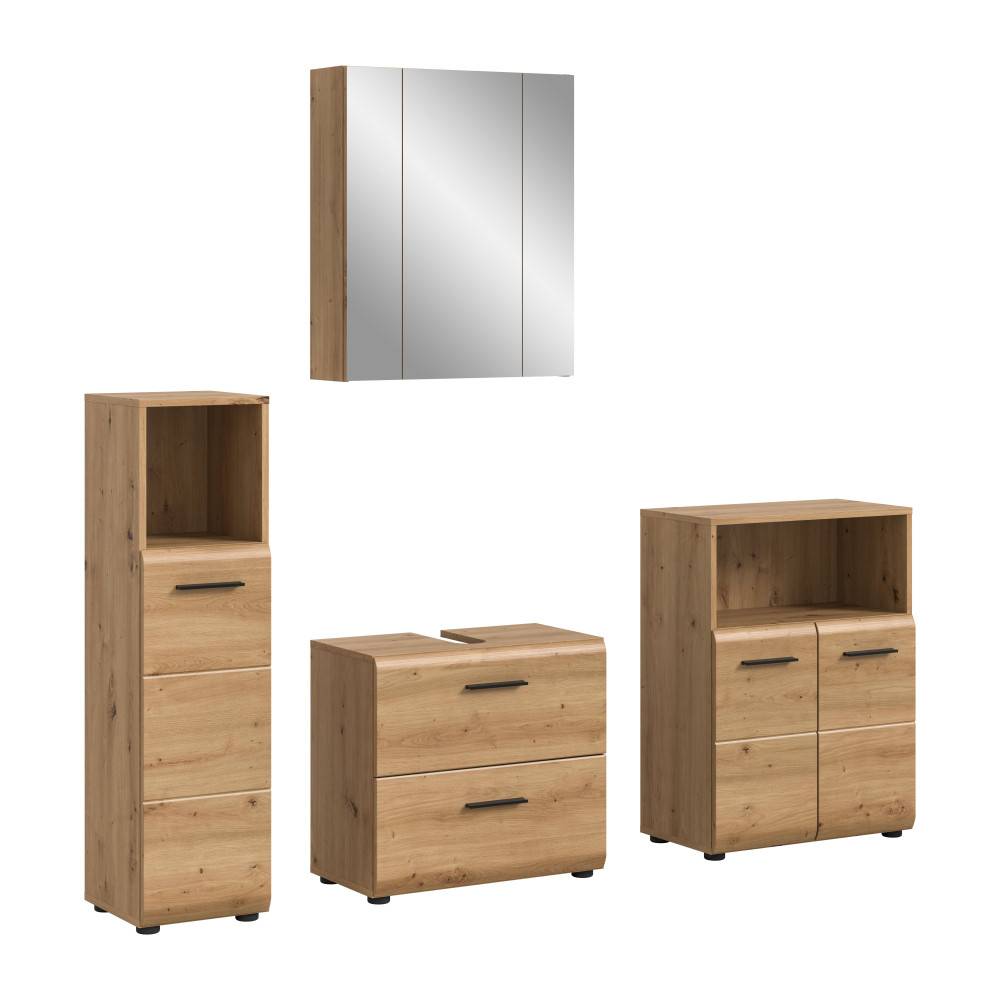 Vierteiliges Badmöbel Set mit geschlossenen Fronten, Hochschrank, Waschtischunterschrank und Spiegelschrank – Canopus