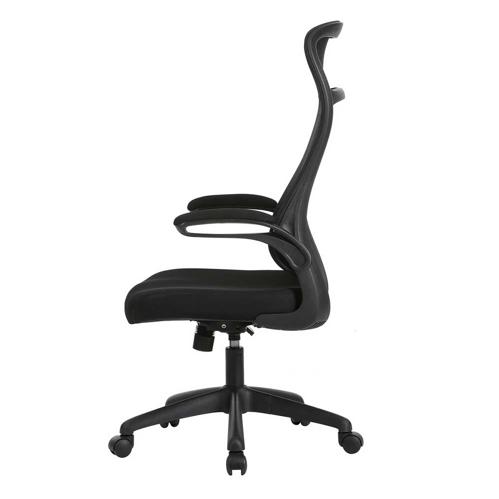 Bürostuhl schwarz mit hoher Rückenlehne aus atmungsaktivem Netzstoff und Armlehnen – Vorianca