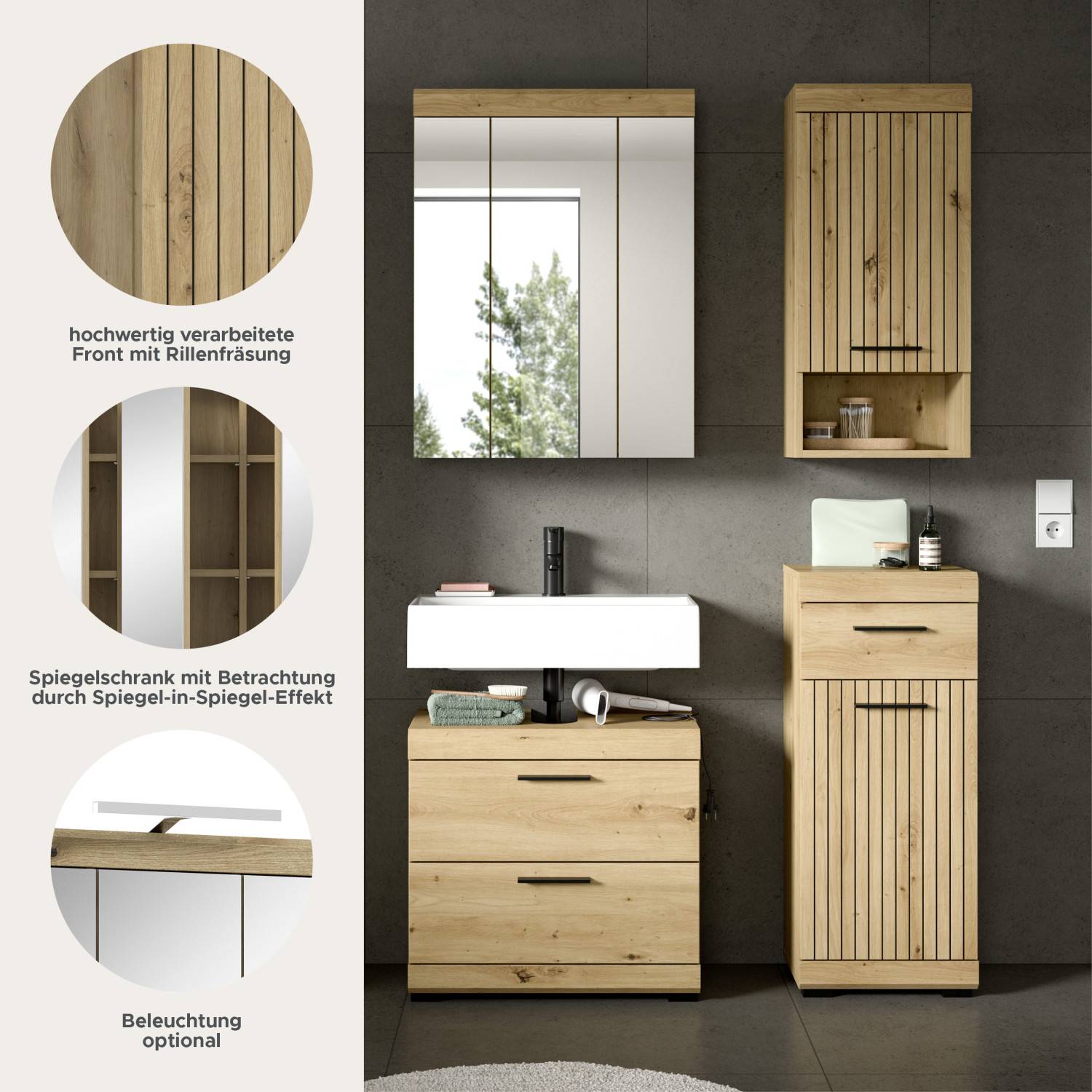 Designdetails des Waschplatz Sets mit gerillten Fronten, Spiegel-in-Spiegel-Effekt und optionaler Beleuchtung – Lasewood