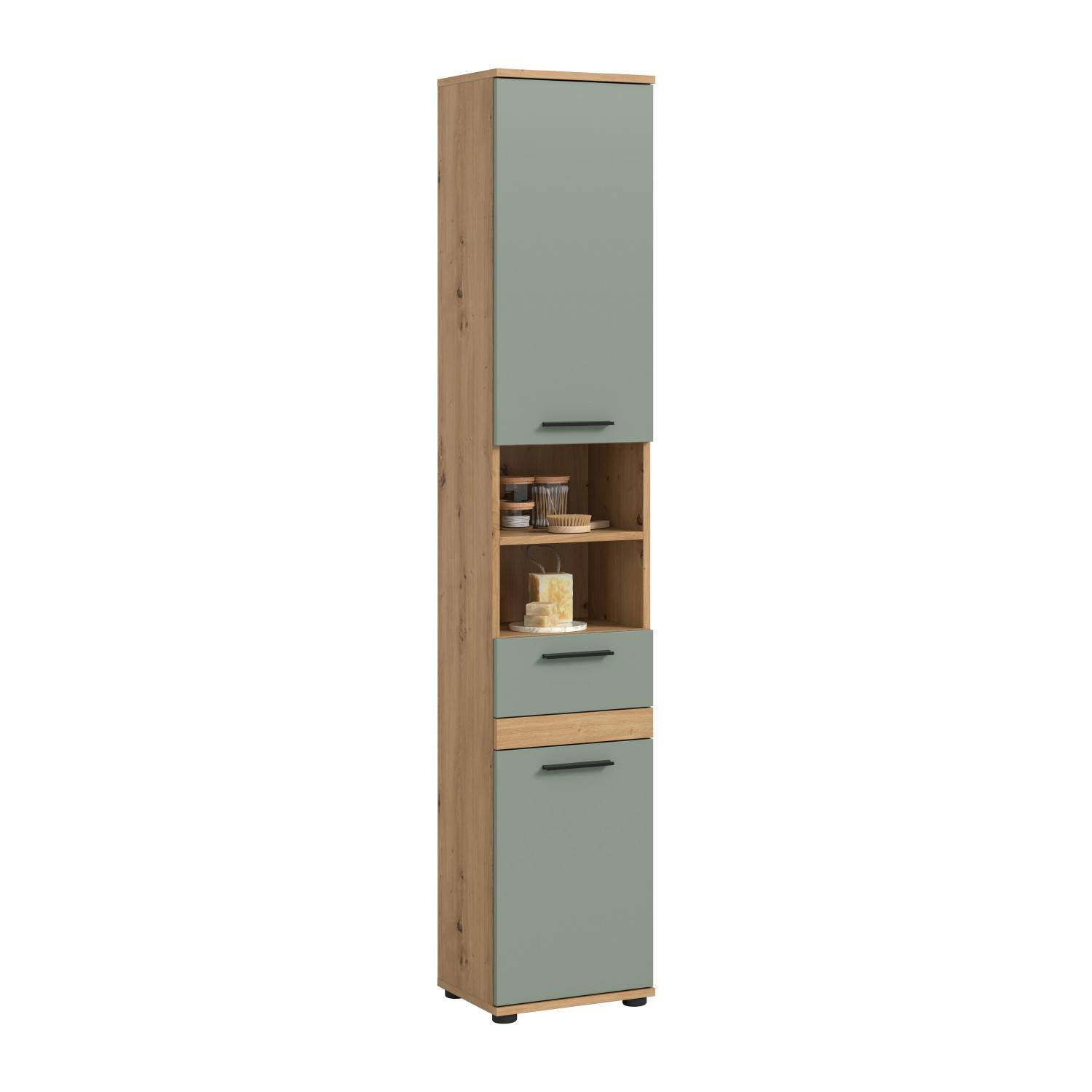 Badschrank mit mintgrünen Türen und offener Ablage in warmer Holzoptik – Luzanos