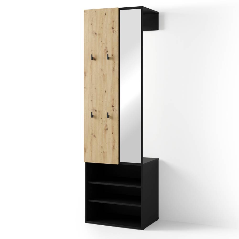 Elegante Flureinrichtung mit Schuhablage und integriertem Spiegel an einer weißen Wand – Merusha