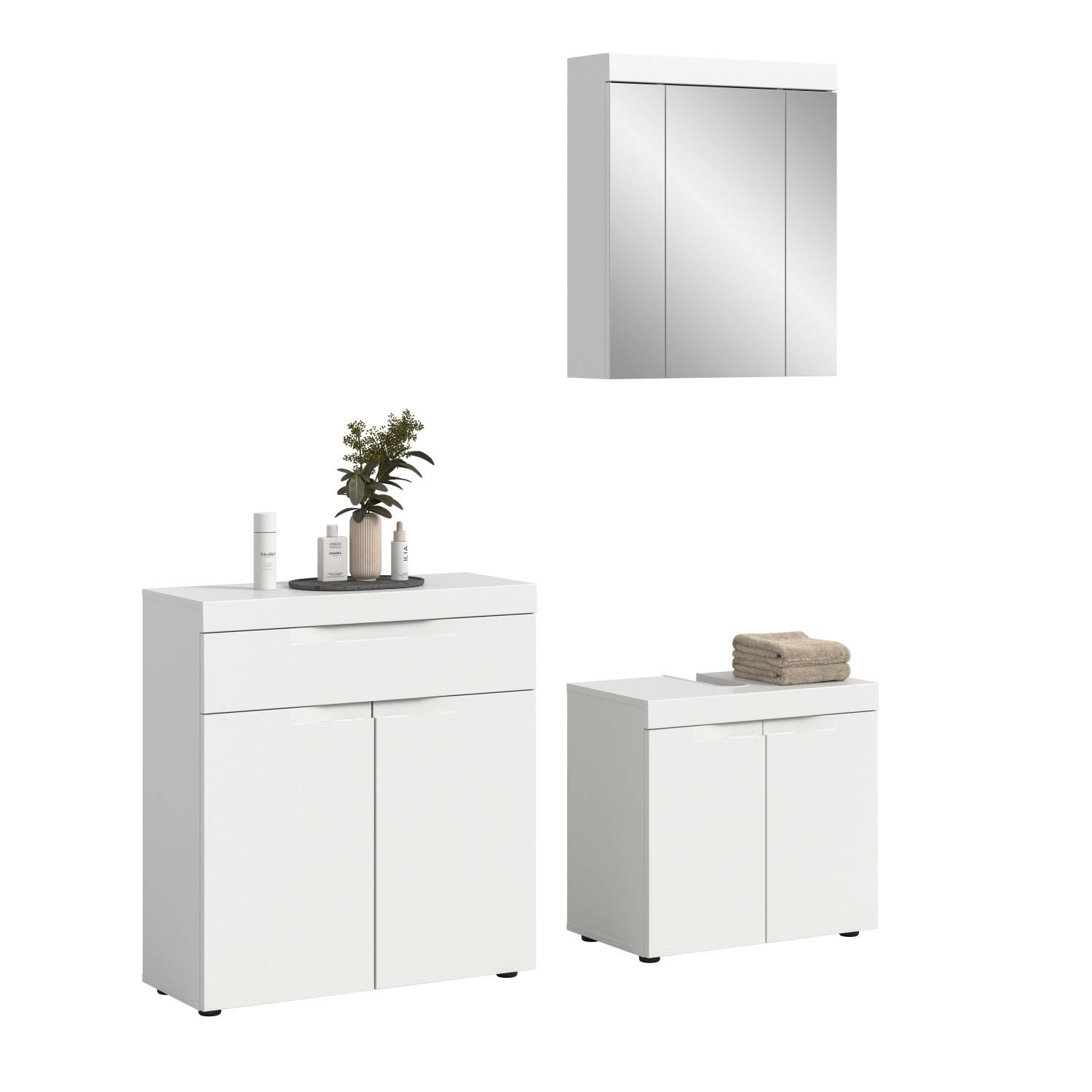 Weißes dreiteiliges Badezimmermöbel Set mit Spiegelschrank und zwei Unterschränken – Bruna