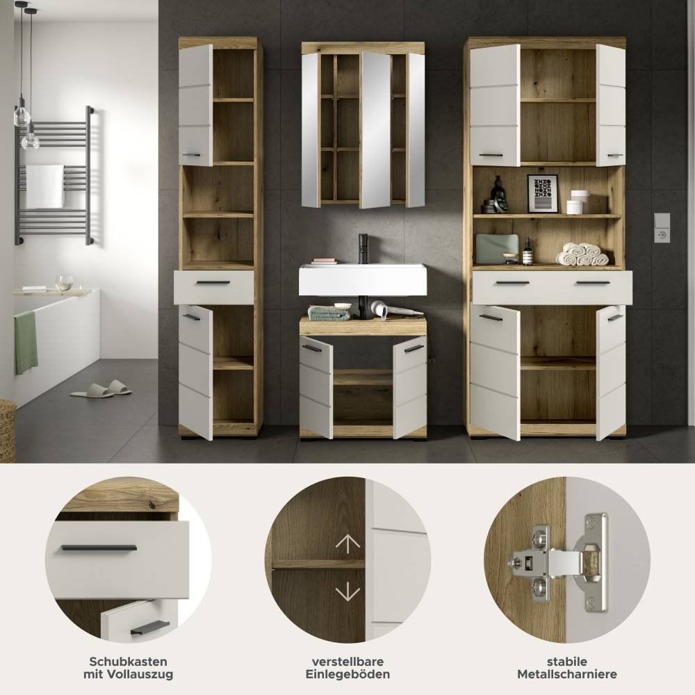 Badezimmerschrank-Details Vollauszug-Schubkasten, verstellbare Einlegeböden, stabile Metallscharniere – Casserra