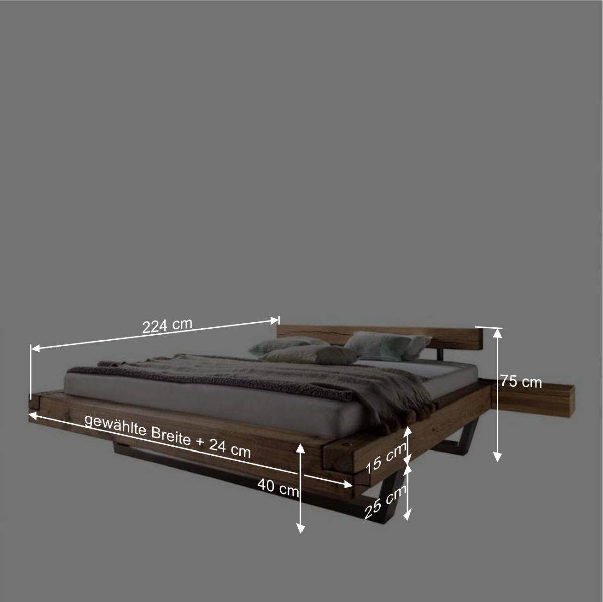 Doppelbett aus Wildeiche-Balken & Metall Inverness als Set mit Nachttischen (dreiteilig)