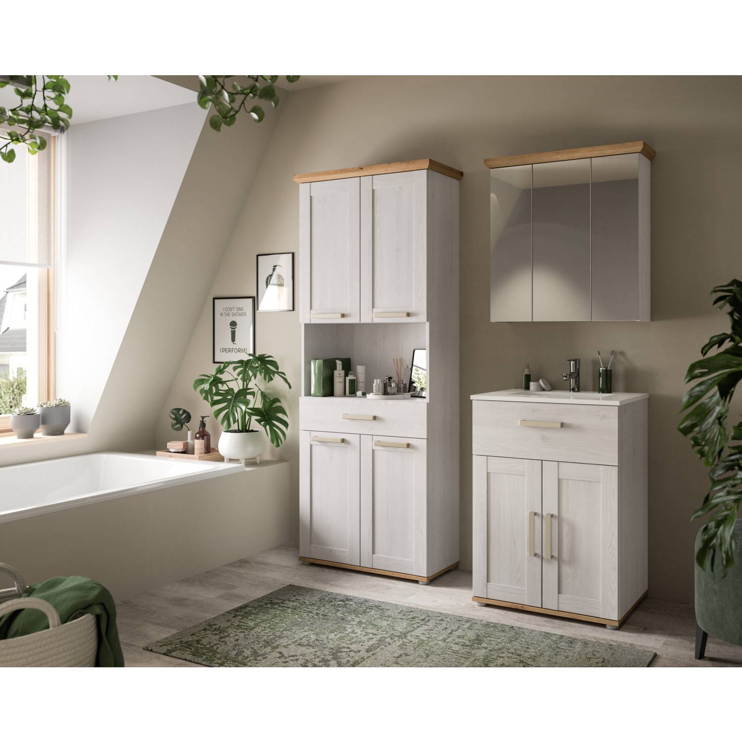 Modernes Badezimmer mit grauem Waschbeckenunterschrank und passenden Badmöbeln – Tocella