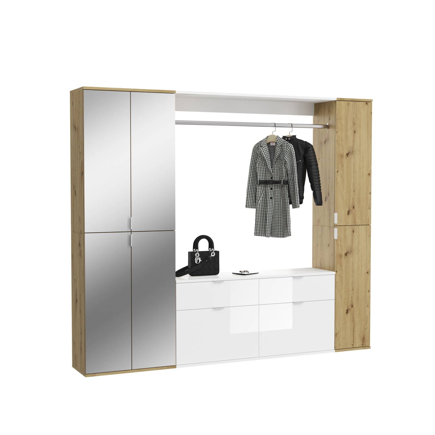 Dreiteiliges Dielenset mit Spiegelgarderobe, Kleiderstange und Schubladenkommode – Pretty