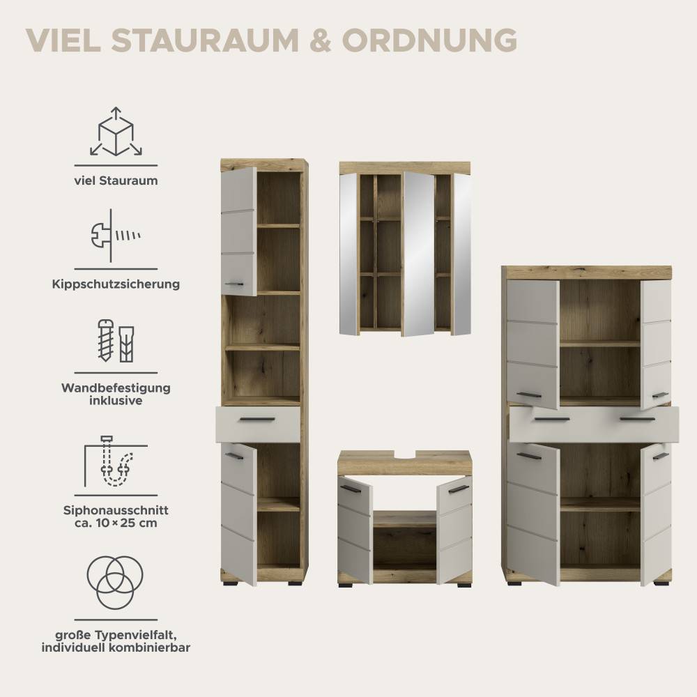 Funktionales Badmöbelset mit viel Stauraum, Kippschutzsicherung und inklusive Wandbefestigung – Casserra