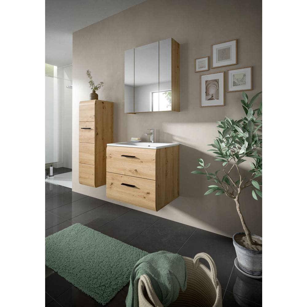 Modernes Waschplatz Set in Eichenoptik mit Hochschrank, Waschtischunterschrank und Spiegelschrank im Badezimmer – Canopus