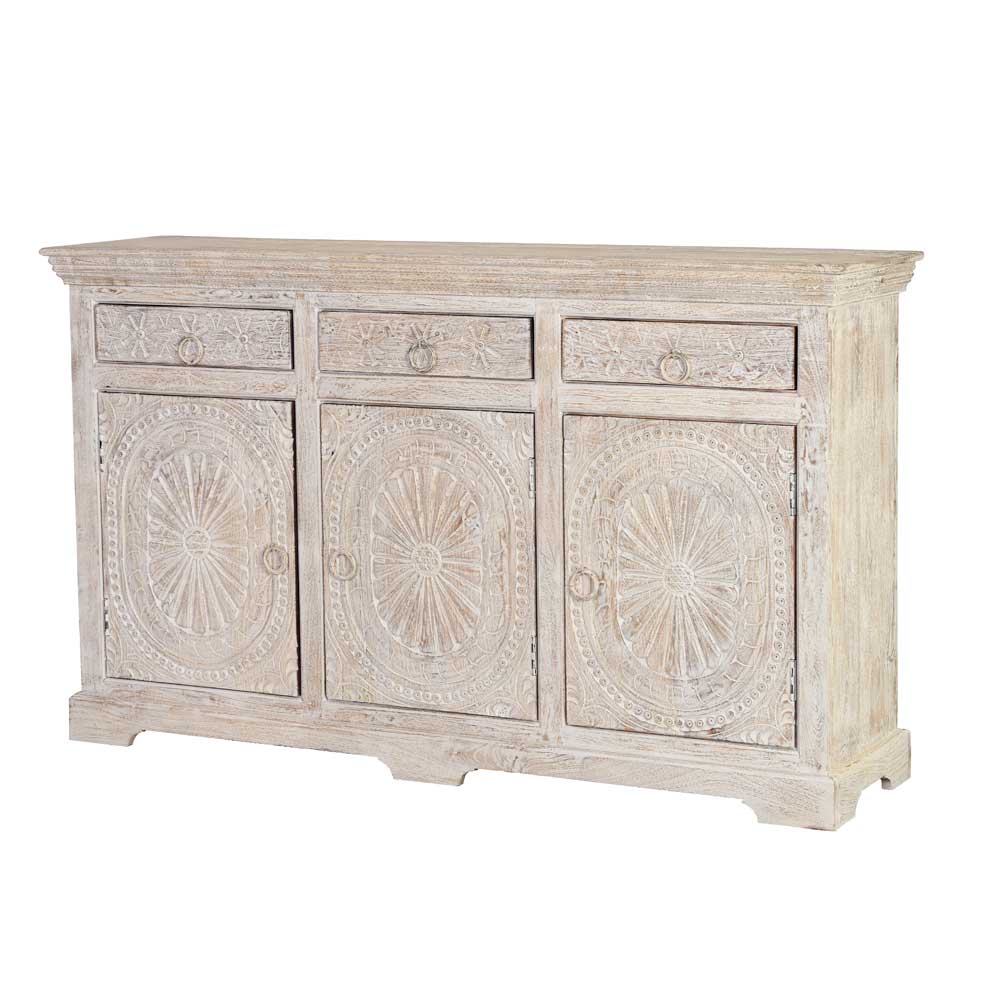 White Wash Sideboard mit Ornament Schnitzereien - Rusula