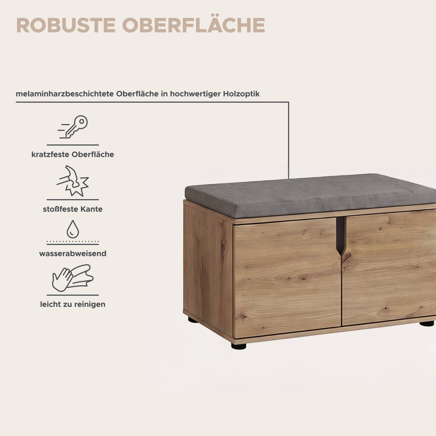 Robuste Schuhbank in Eichenholz Optik mit kratzfester, wasserabweisender und pflegeleichter Oberfläche – Omy