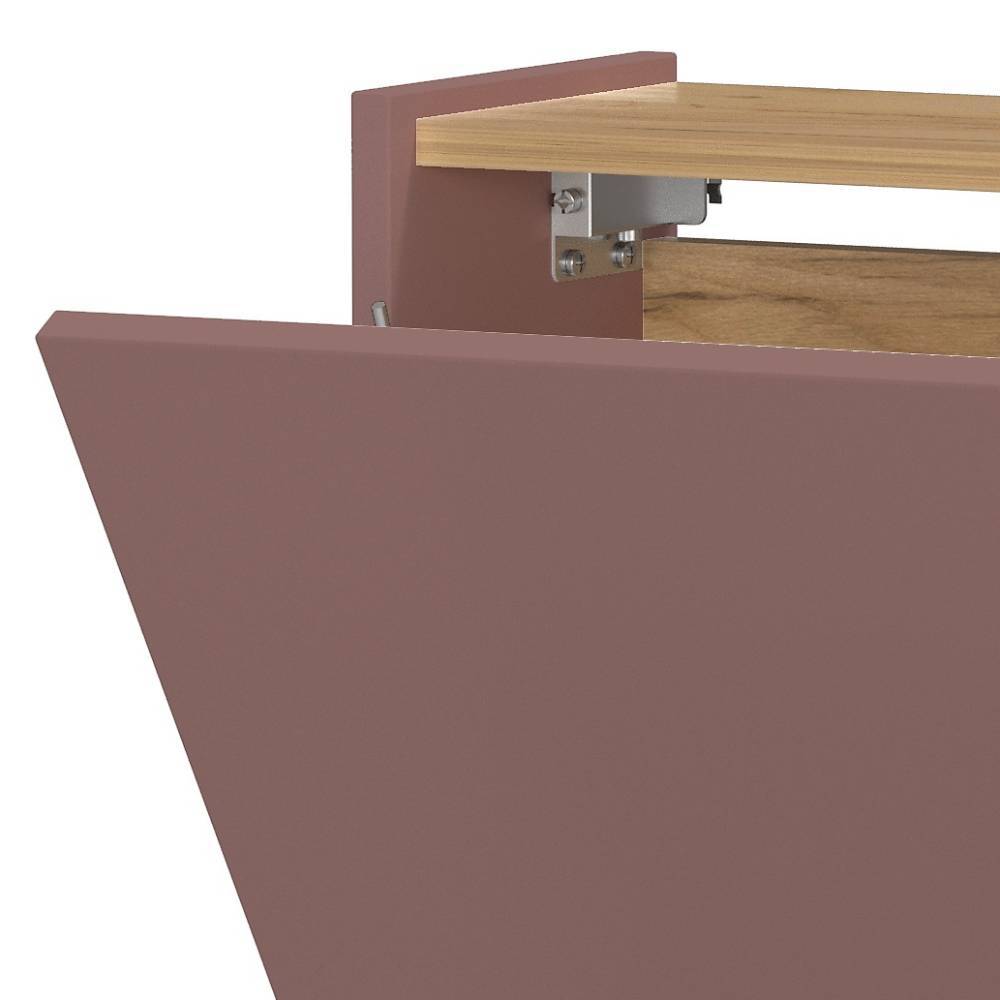 Obere Klappe der hängenden Schuhkommode in Mauve leicht geöffnet mit Holzelement und Beschlägen – Point