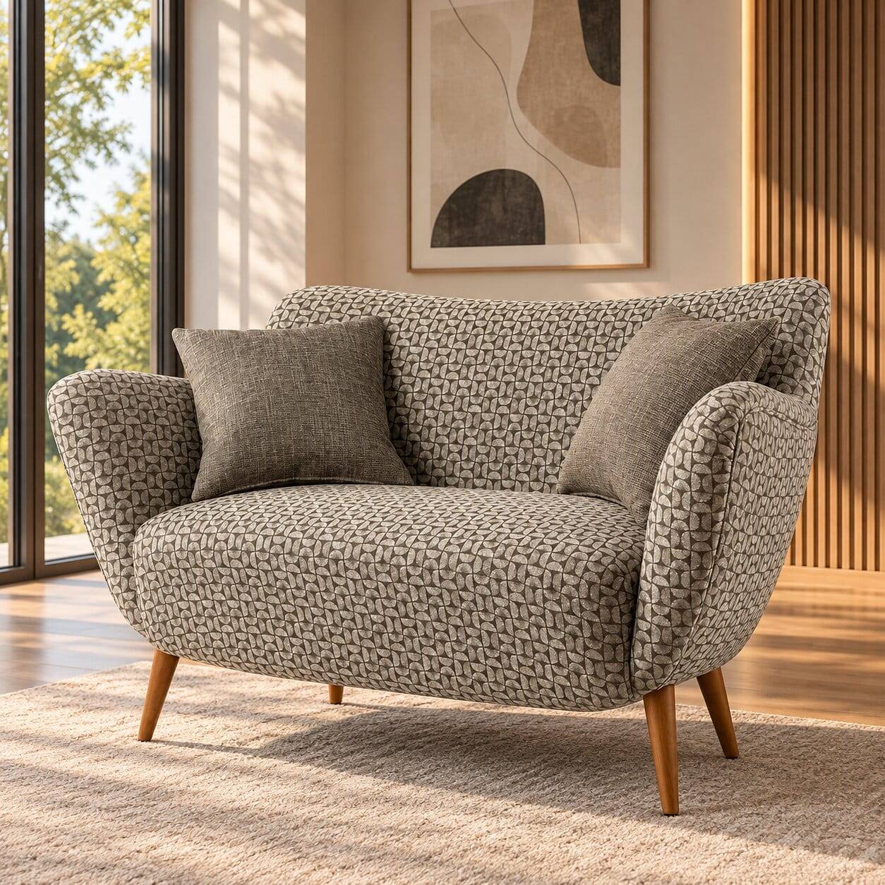 Zweisitzer Designsofa in Beige Braun gemustert mit Holzbeinen