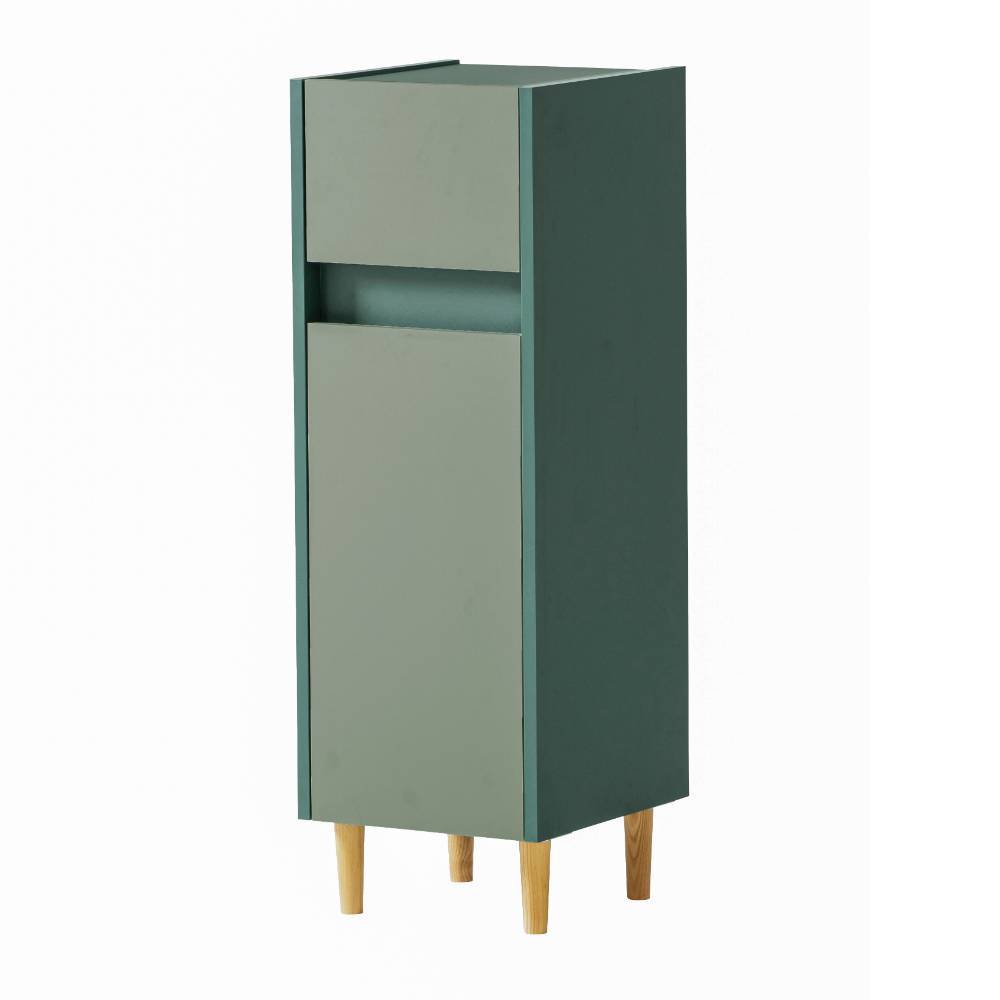 Geschlossener Badezimmer Hochschrank in dunkelgrün und graugrün mit Holzfüßen und modernem Design – Lictona