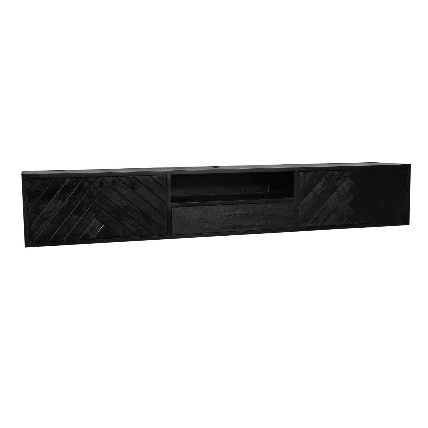 Schwarzes Hänge-TV-Board mit Herringbone-Fronten, offenem Fach und Schublade – Lida