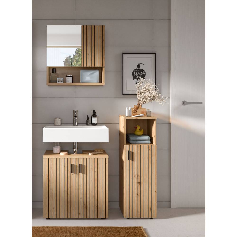 Modernes dreiteiliges Badmöbelset Janny in Holzoptik mit Spiegelschrank und Waschbeckenunterschrank – Janny