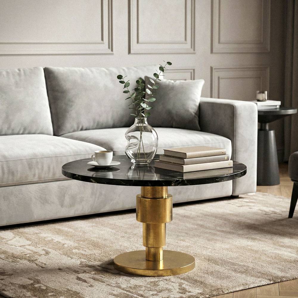 Eleganter schwarzer Marmor-Beistelltisch mit goldfarbenem Metallfuß neben hellgrauem Sofa – Camelon