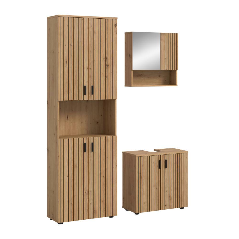 Dreiteiliges Badezimmer Set mit geschlossen geriffelten Fronten in heller Holzoptik und schwarzen Griffen – Janny
