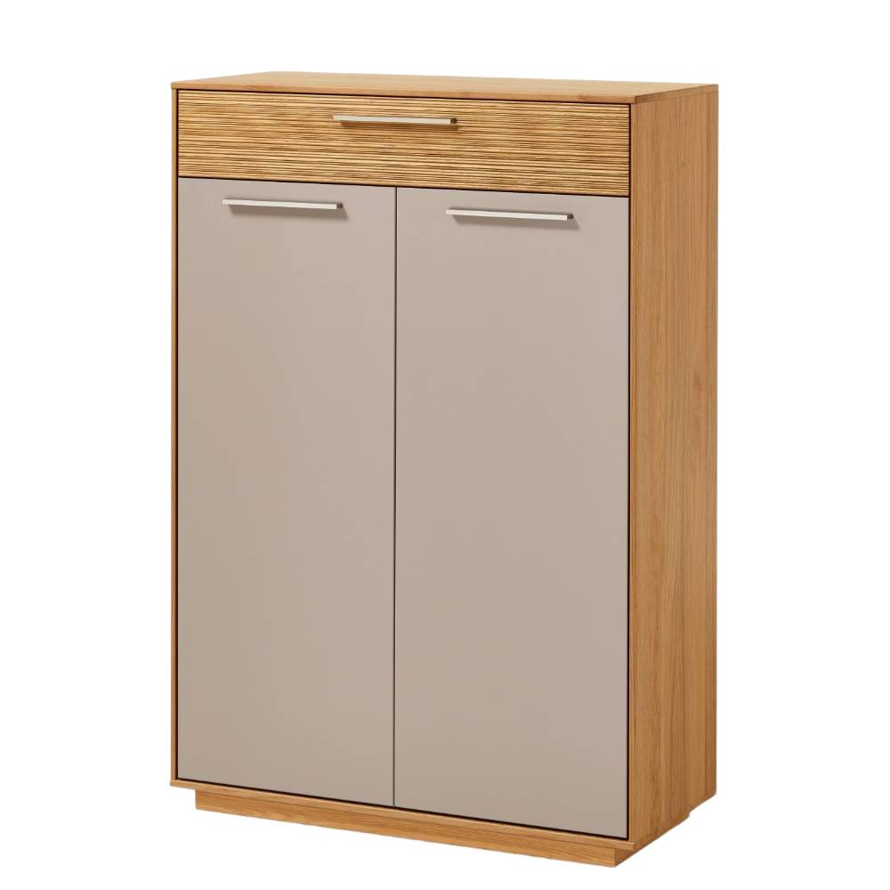 Hoher Schuhschrank in Taupe mit Holzplatte, geriffelter Schublade und zwei Türen – Barcelos