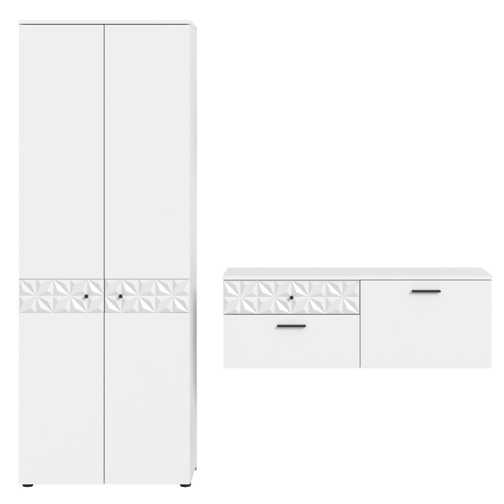 Modernes weißes Flurschränke Set mit hohem Garderobenschrank und passendem Lowboard, geschlossen – Ustabo