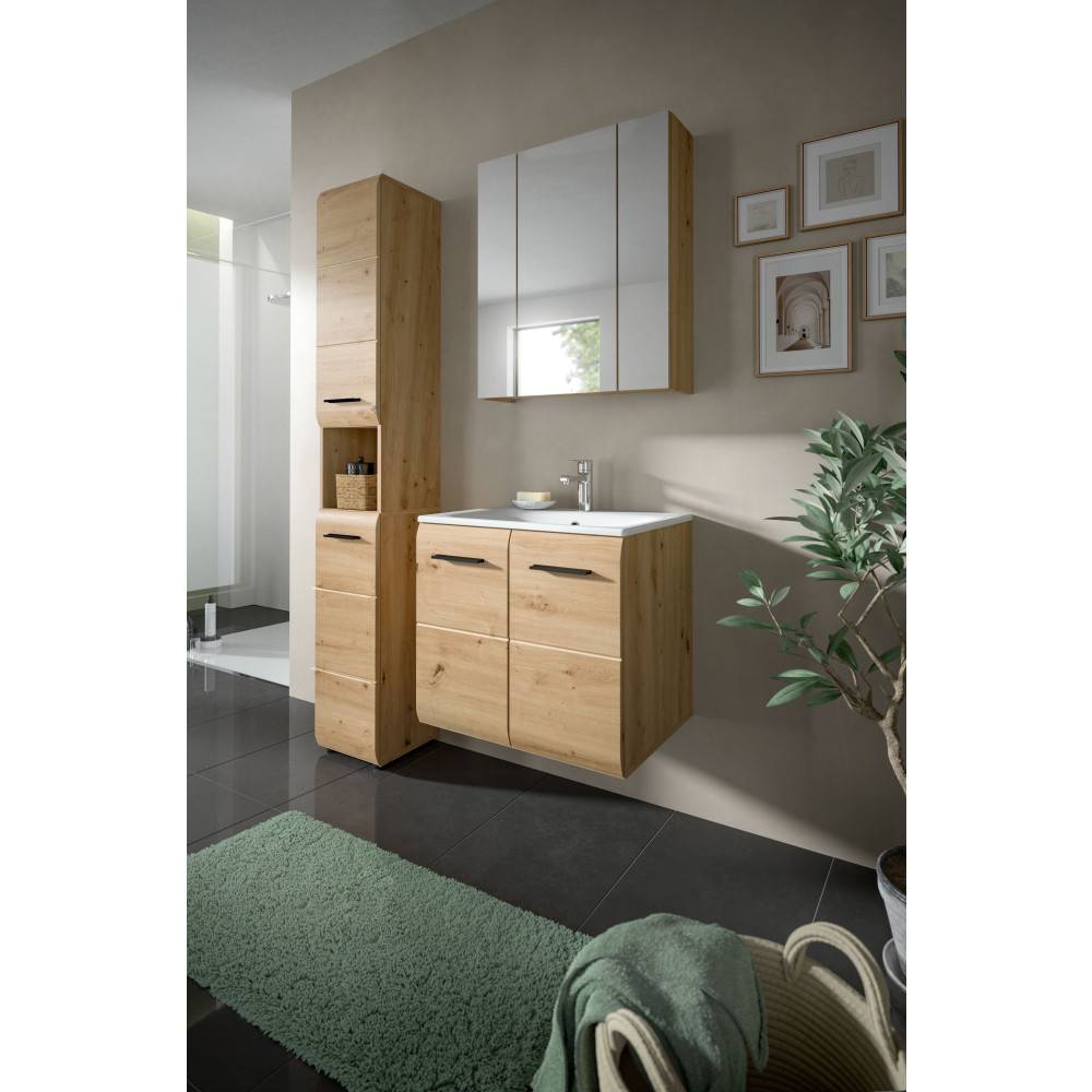 Komplettes Badezimmer Set mit Waschtisch, Spiegelschrank und Hochschrank in Holzoptik – Canopus