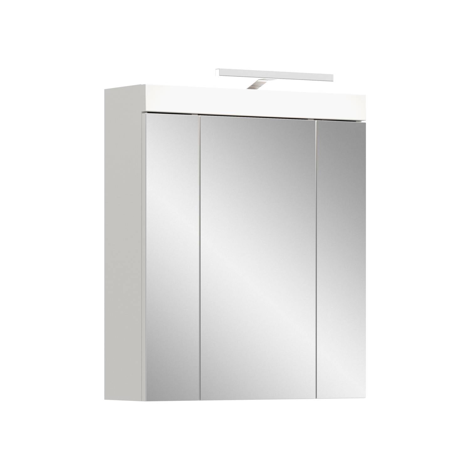 Weißer Badezimmerschrank mit drei Spiegeltüren und obenliegender LED-Leuchte – Bruna