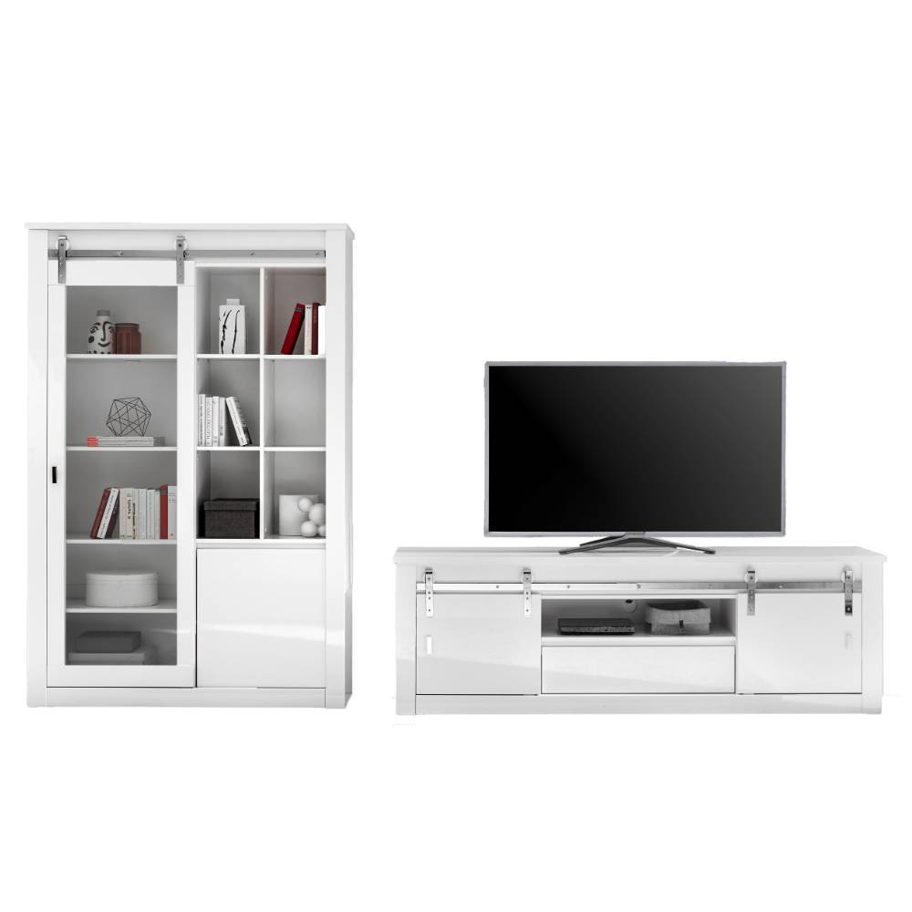 Weißes Hochglanz TV Lowboard und Vitrine im Set für das moderne Wohnzimmer – Memphys