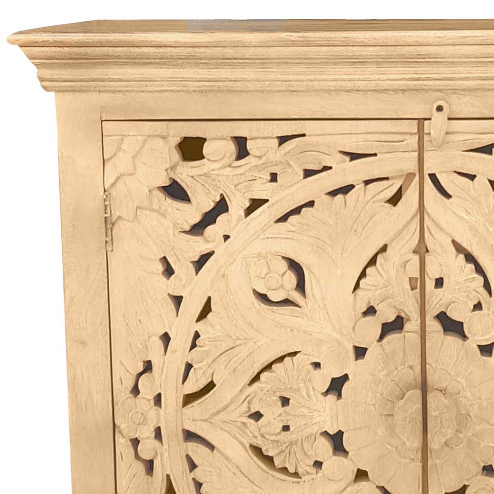 Kommode obere Ecke mit floral geschnitzter Tür und Holzleiste – Runiasa
