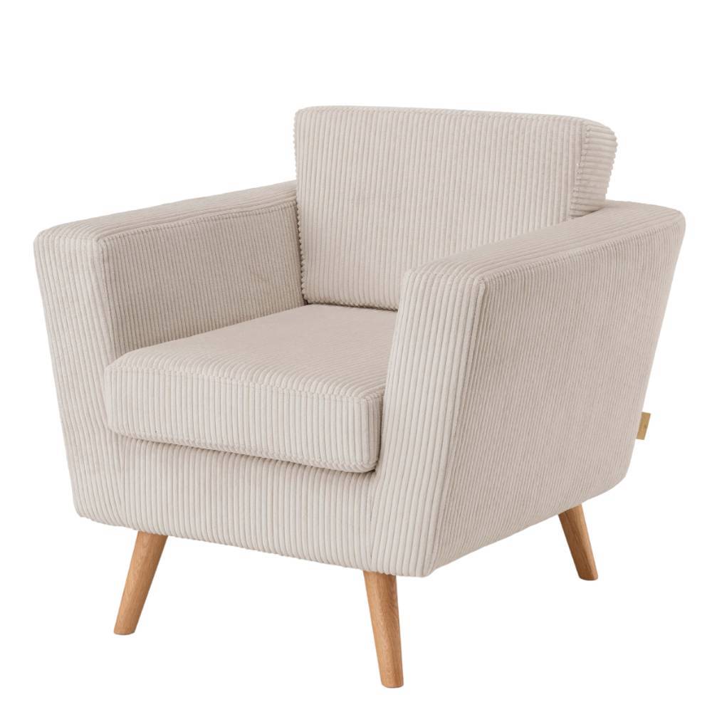 Eleganter Lounge-Sessel in Hellgrau mit robustem Cordbezug und modernen Holzfüßen – Tokavia