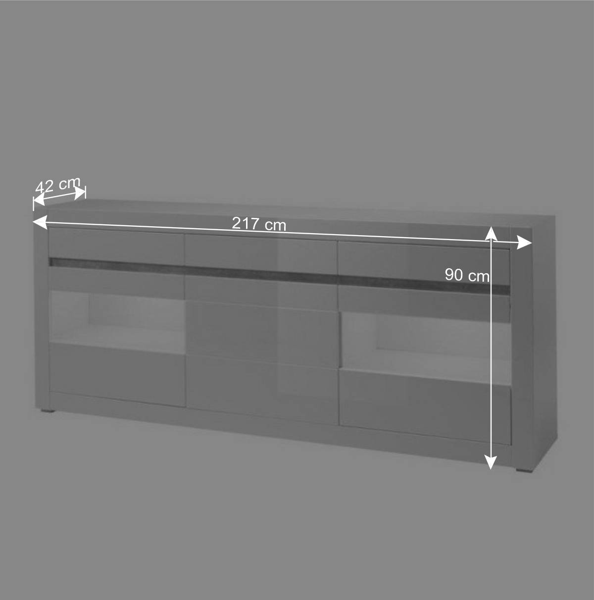 Hochglanz Sideboard in Weiß mit 2 Glaseinsätzen Mextra & Beton Dekor