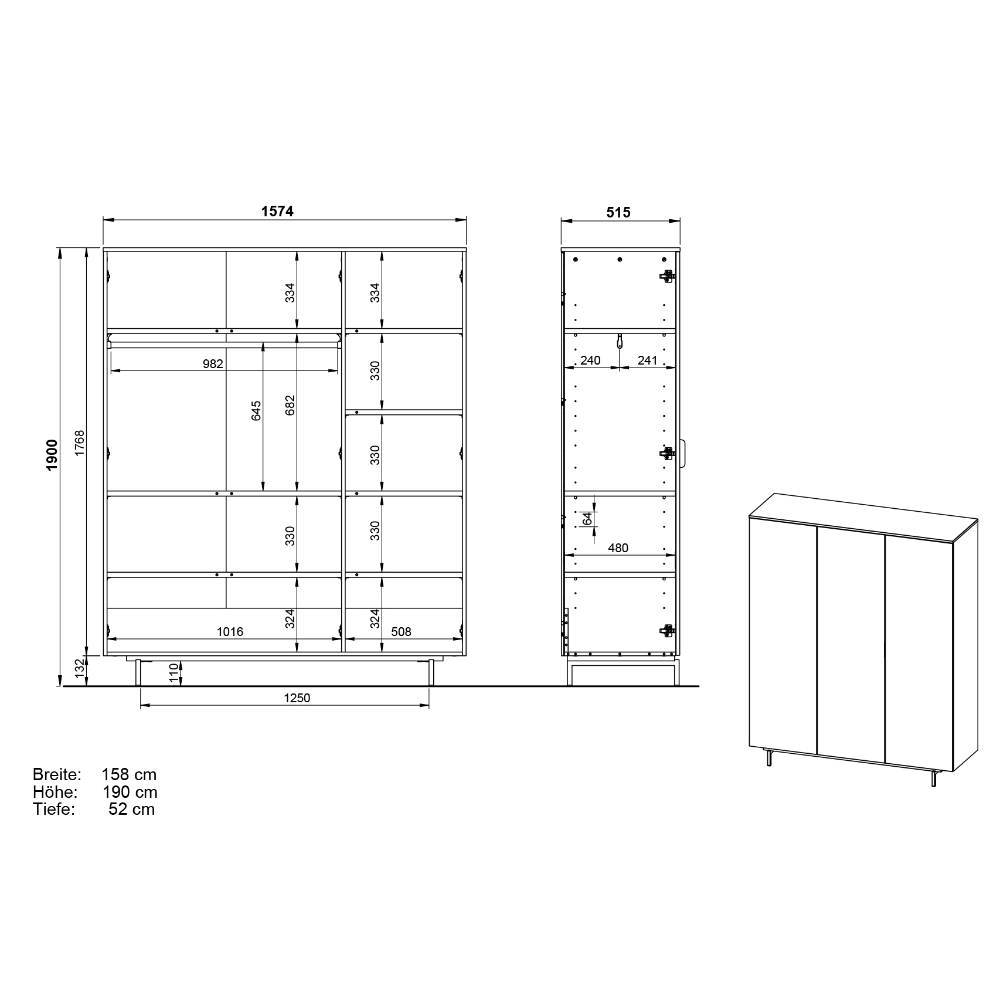 3-türiger Kleiderschrank in Grau - Suzanas