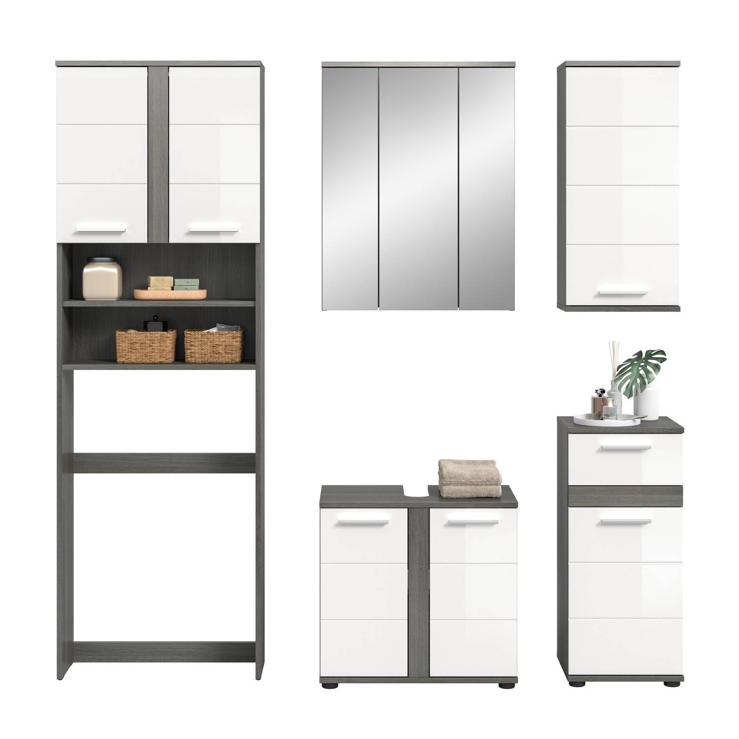 Elegantes Badezimmermöbel Set mit Spiegelschrank und Schränken in Grau Weiß – Chapan