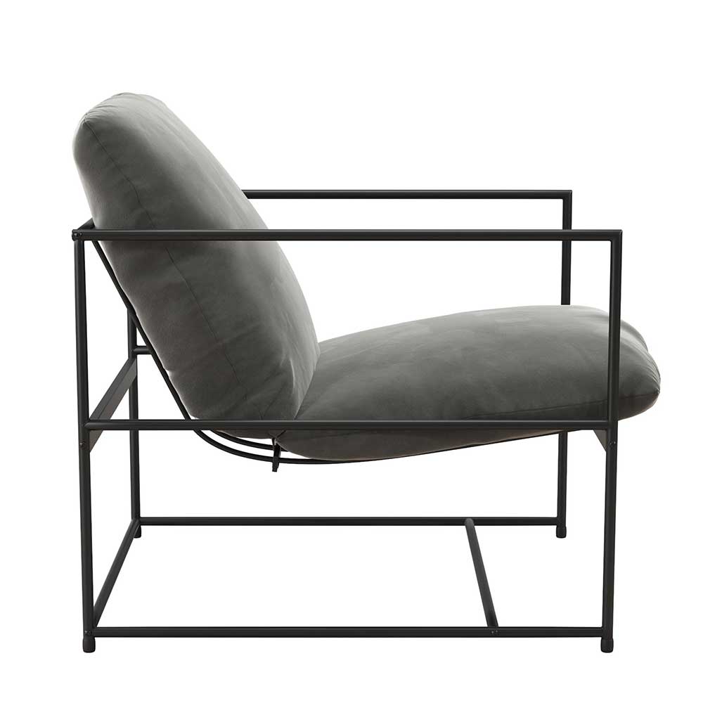 Minimalistischer Sessel in Grau Samt und Schwarz Metall - Ivoras