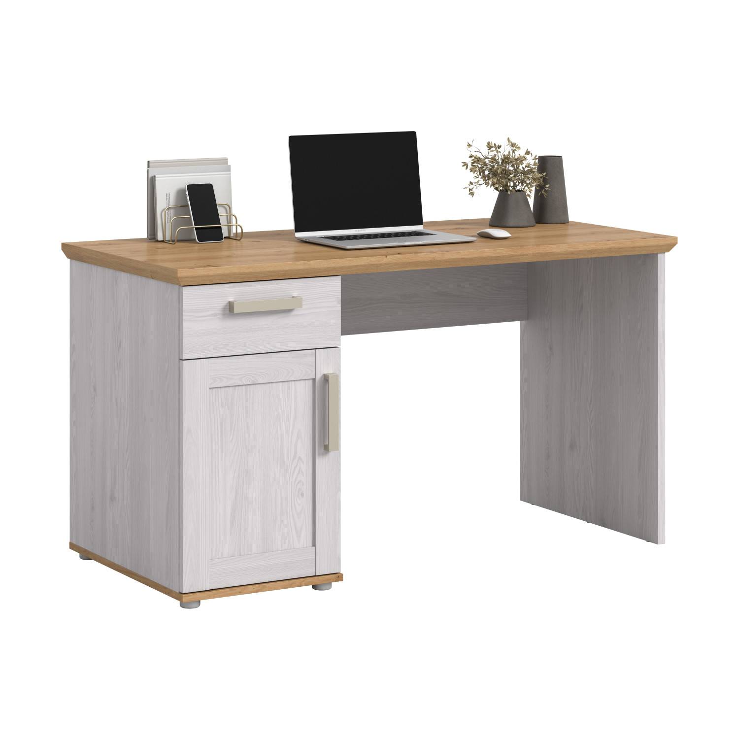 Moderner Bürotisch in Eiche Sonoma Optik mit weißem Korpus, Schublade und Schrankfach – Tocella