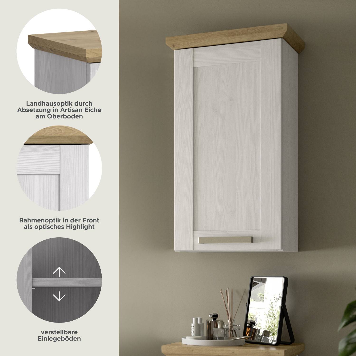 Wandschrank mit Landhausoptik, Artisan Eiche Oberboden, Rahmenoptik und verstellbaren Einlegeböden – Tocella