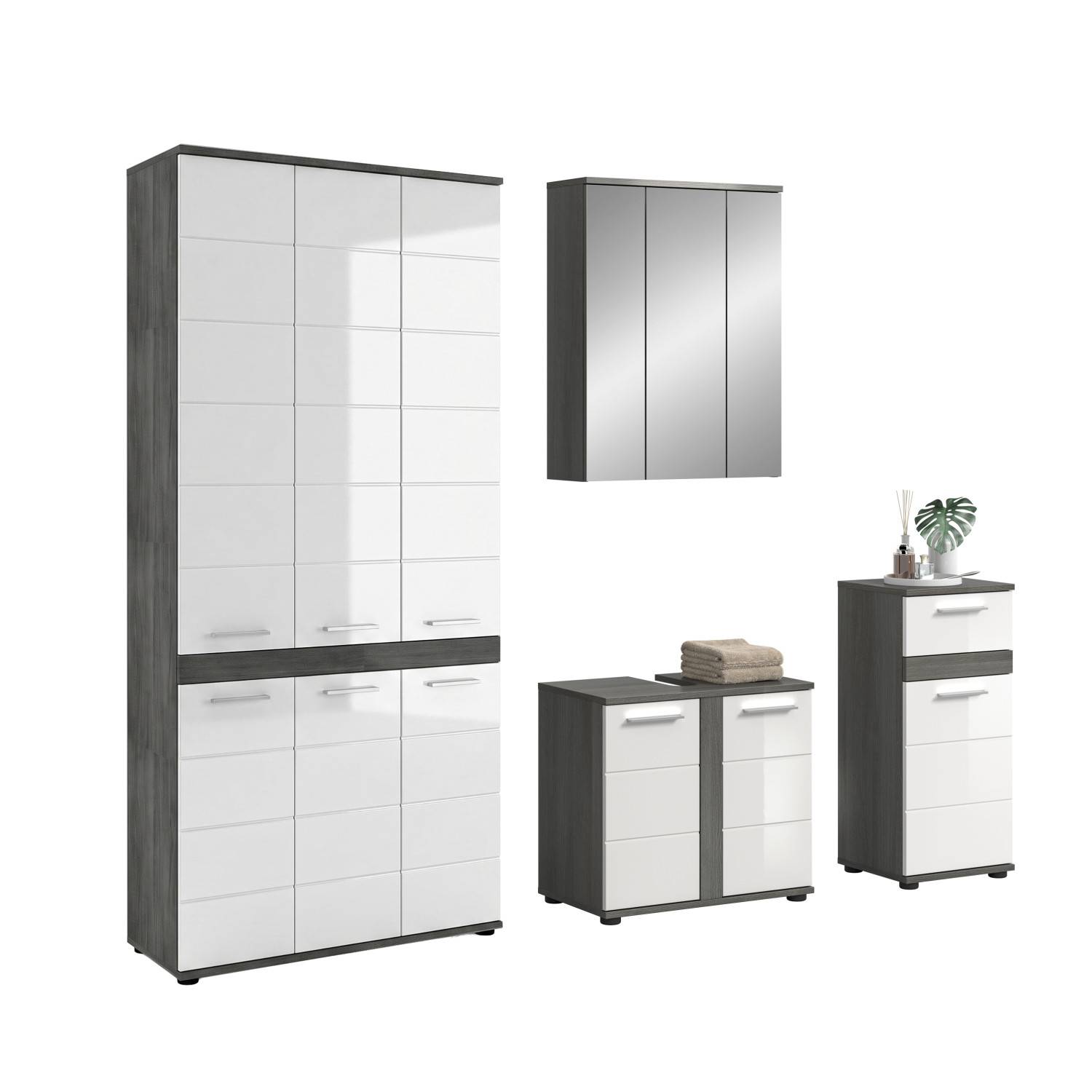 Modernes vierteiliges Badmöbel-Komplettset geschlossen, Hochschrank, Spiegelschrank, zwei Unterschränke – Chapan