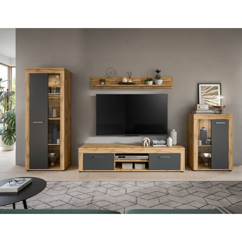 Anbauwand 4-teilig mit Vitrinen, Lowboard und Wandregal in Wotan Eiche – Josie