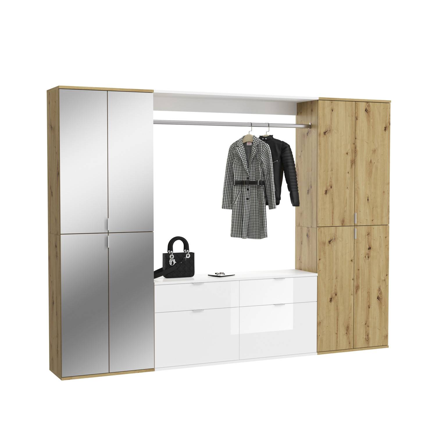 Kompaktgarderobe mit Spiegeltüren, weißer Kommode, Kleiderstange und Holzschrank – Pretty
