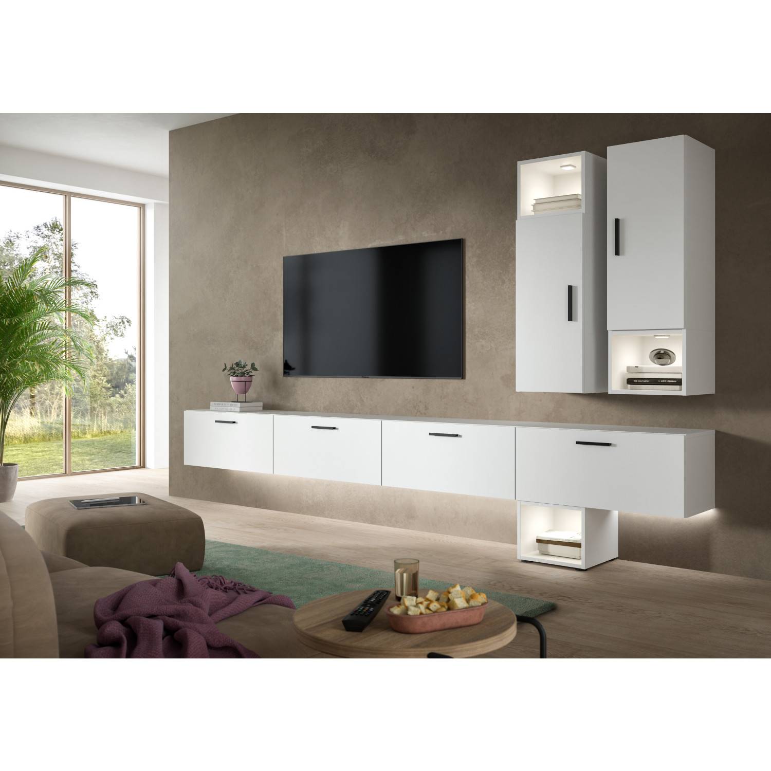 Moderne weiße Fernsehwand mit integrierter Beleuchtung und Hängeschränken im Wohnzimmer – Actionsa