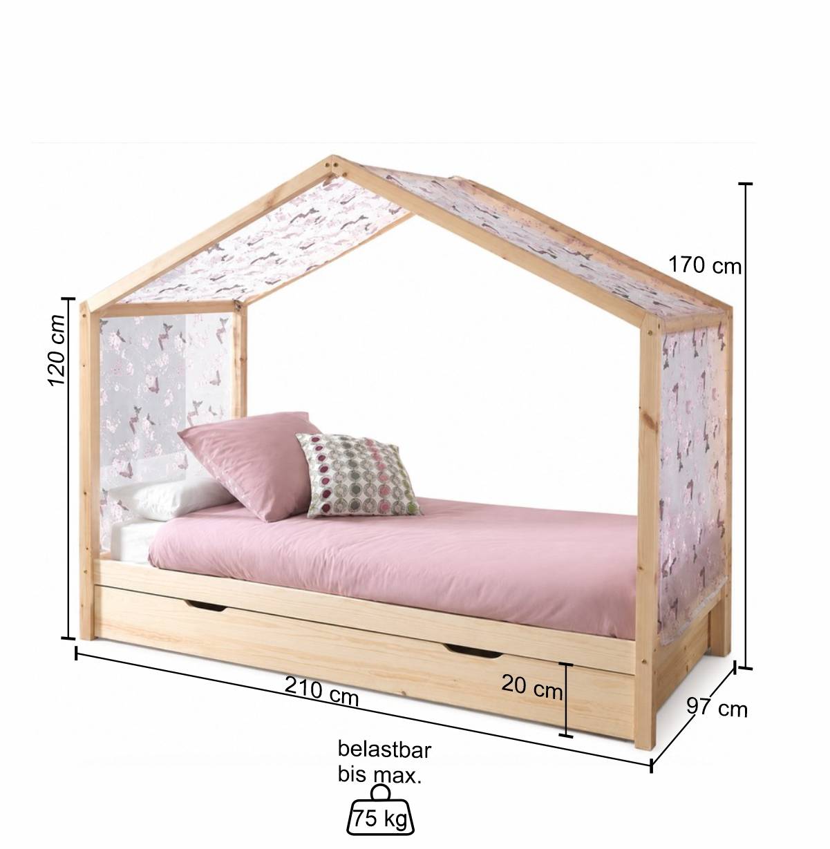 90x200 Mädchen Himmelbett in Haus Form - Vorcalo