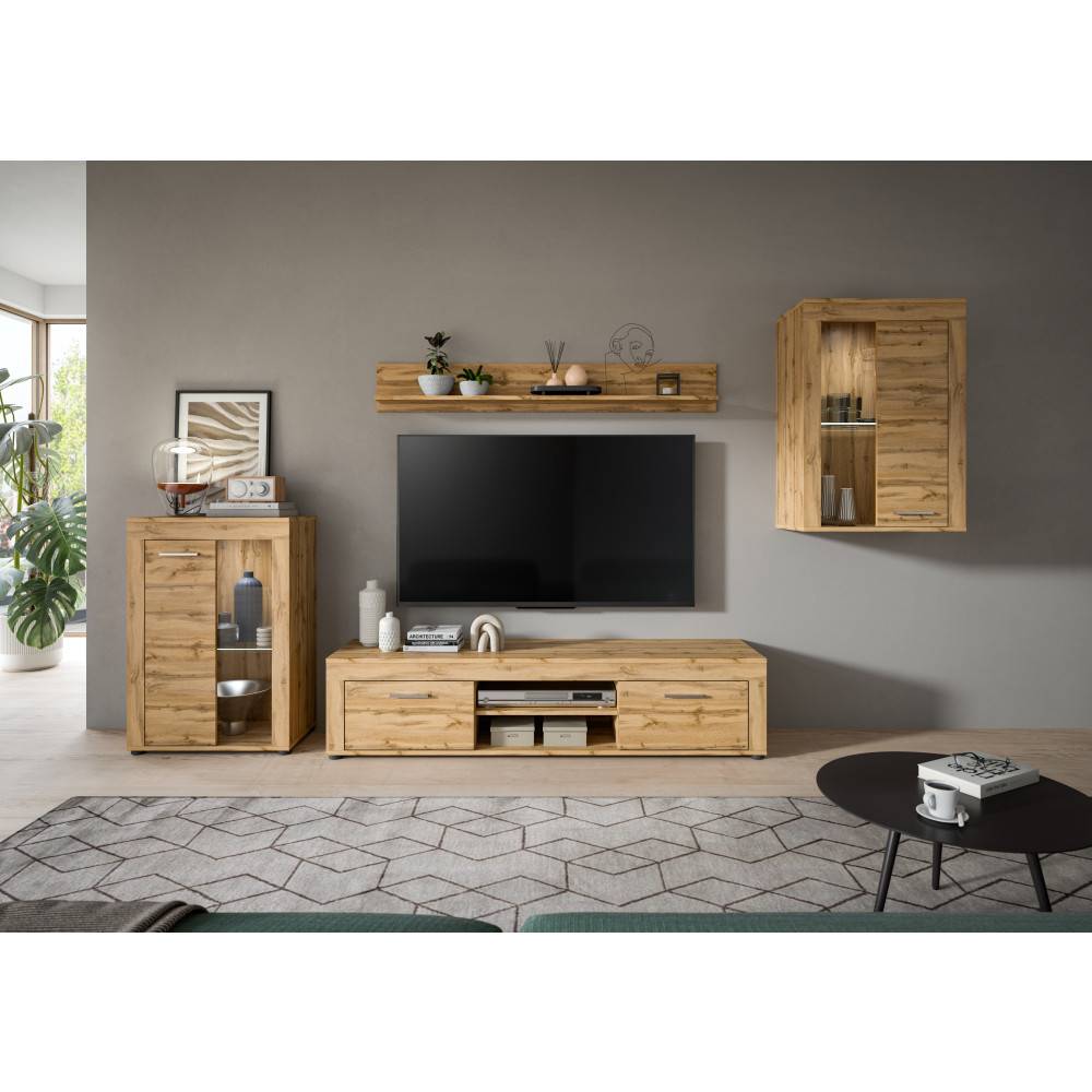 Moderne Wohnzimmereinrichtung mit Anbauwand in Wotan Eiche Nachbildung und TV-Board – Ianovar